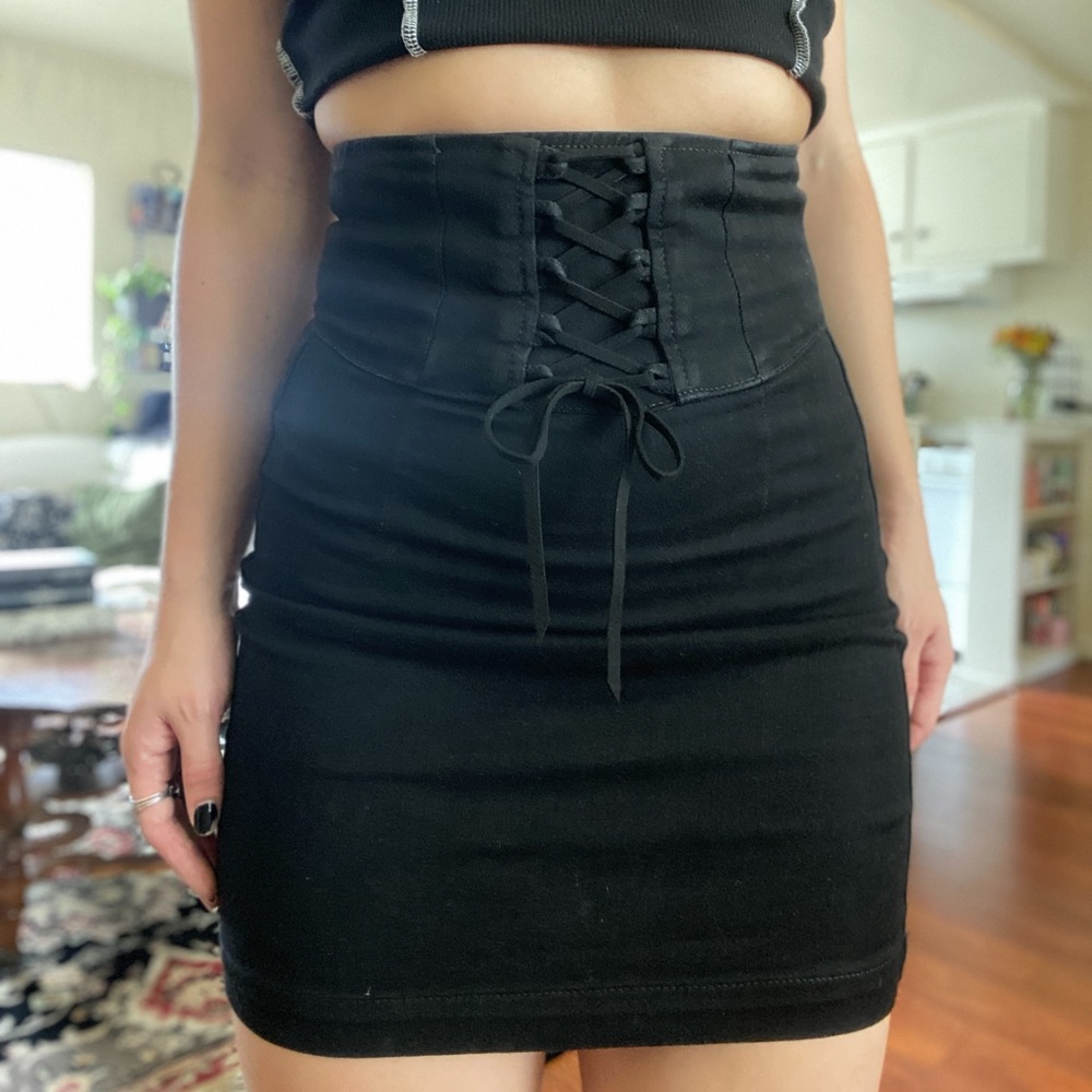 EXPRESS corset lace up mini denim skirt. Black, stretch denim, super high waist.